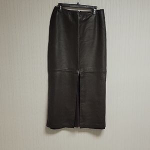 111 State chocolate Leather Maxi Skirt, Women's Sz 8. Split At Front To Knee